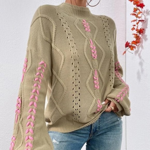 Tan Mockneck Lace-up Pointelle Knit Sweater Top - Picture 6 of 6